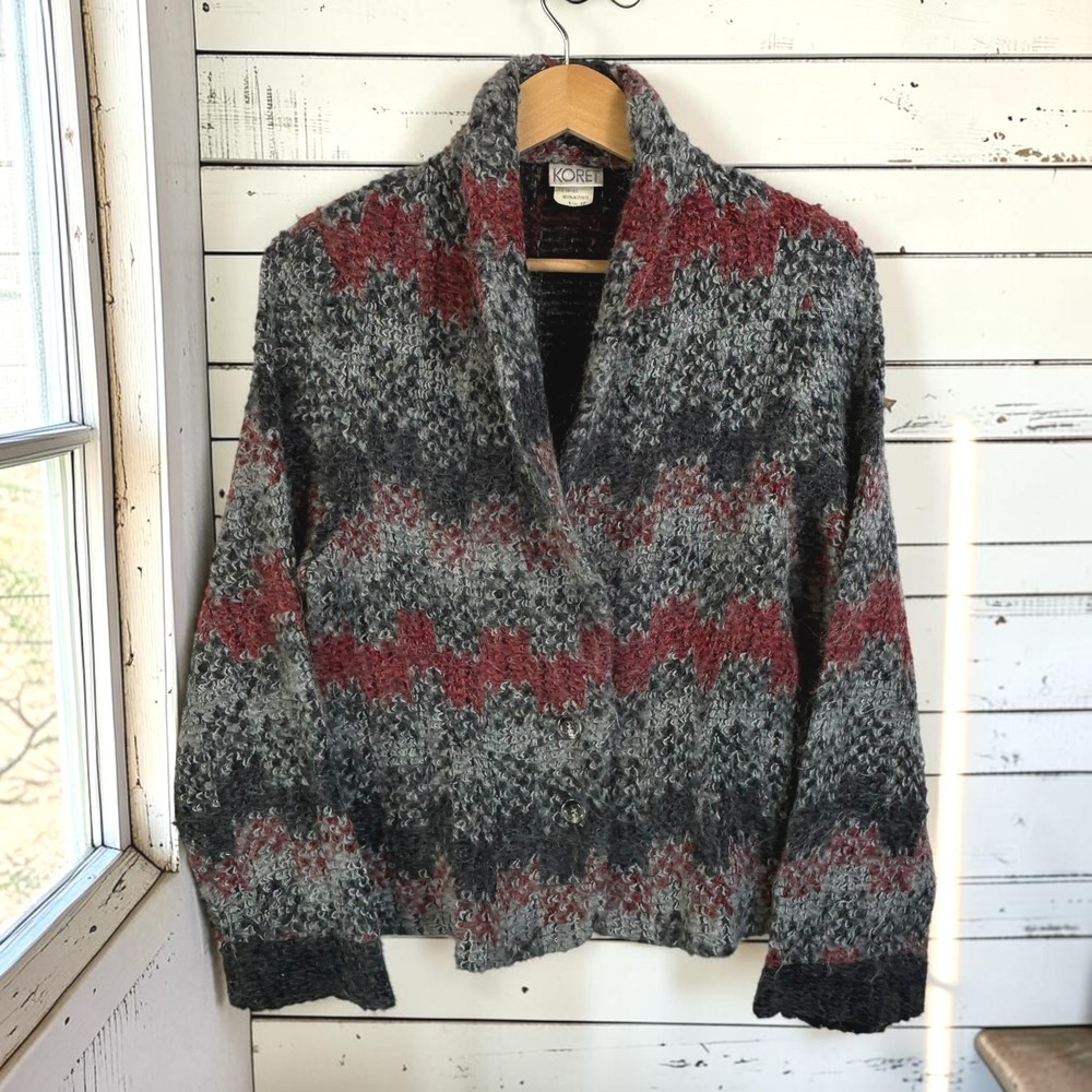 Vintage Cardigan S/M Grey Red Mohair Acrylic Chevron Shawl Collar Soft Fuzzy